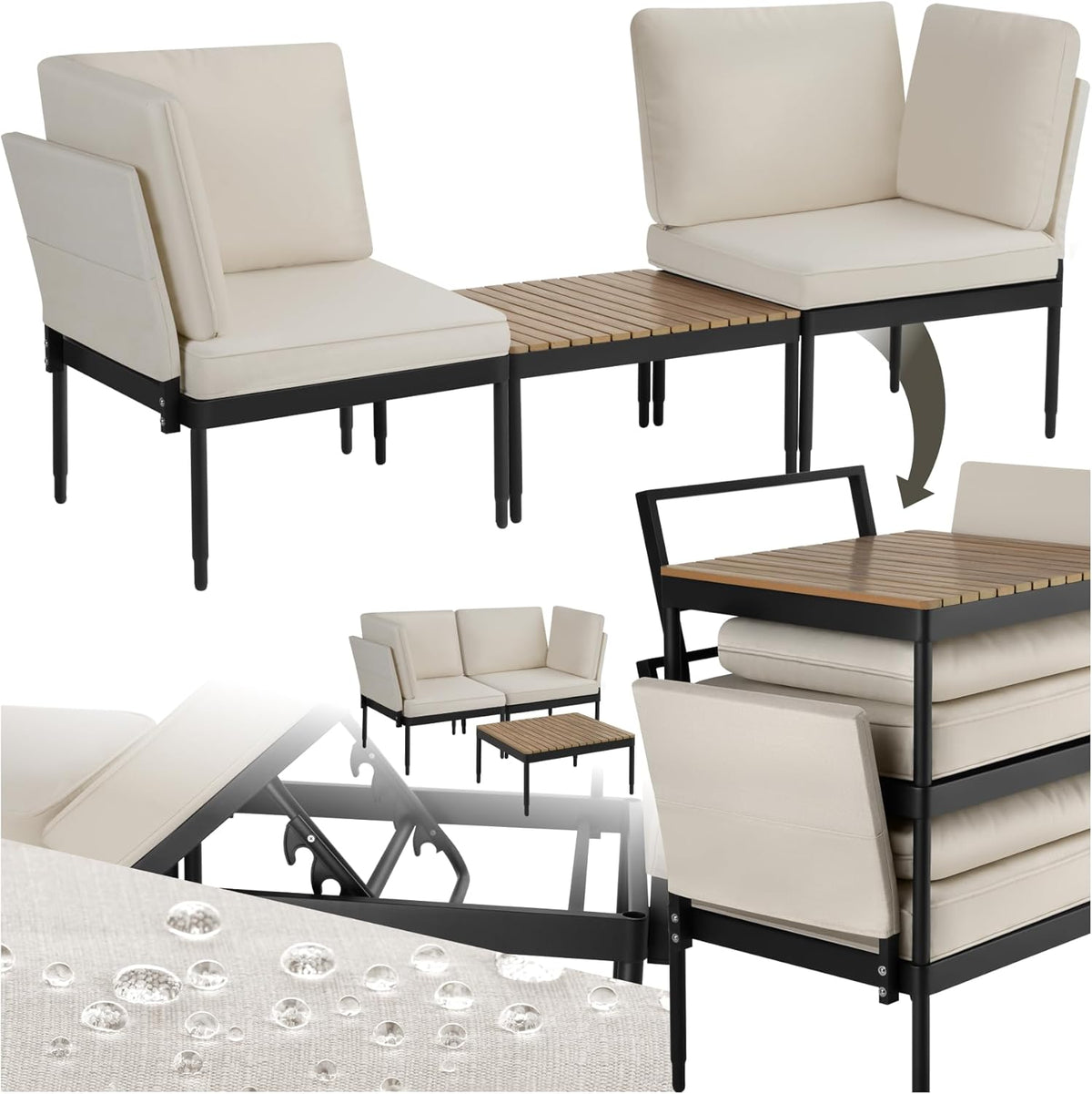 tectake 5 in 1 Gartenlounge Set - Lounge Sessel Liege Gartenbank und Balkontisch - Outdoor Möbel für Balkon und Terrasse - Braun Holzoptik