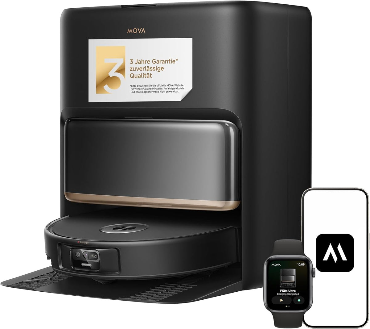 Mova P50s Ultra Saug und Wischroboter 24000 Pa - Automatische Entleerung und StepMaster System - Dual Light 3D ToF FlashPulse Navigation - Für Teppich Hartboden und Fliesen Schwarz