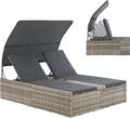 Juskys Polyrattan Doppelliege Syros - 160 x 200 cm für 2 Personen - Verstellbares Kopfteil mit Dach und Auflagen - Grau meliert für Garten Terrasse