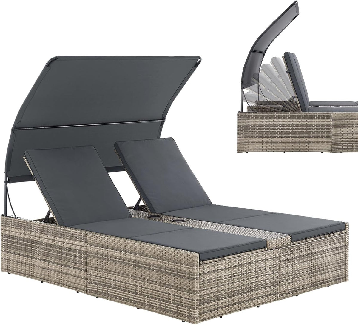 Juskys Polyrattan Doppelliege Syros - 160 x 200 cm für 2 Personen - Verstellbares Kopfteil mit Dach und Auflagen - Grau meliert für Garten Terrasse