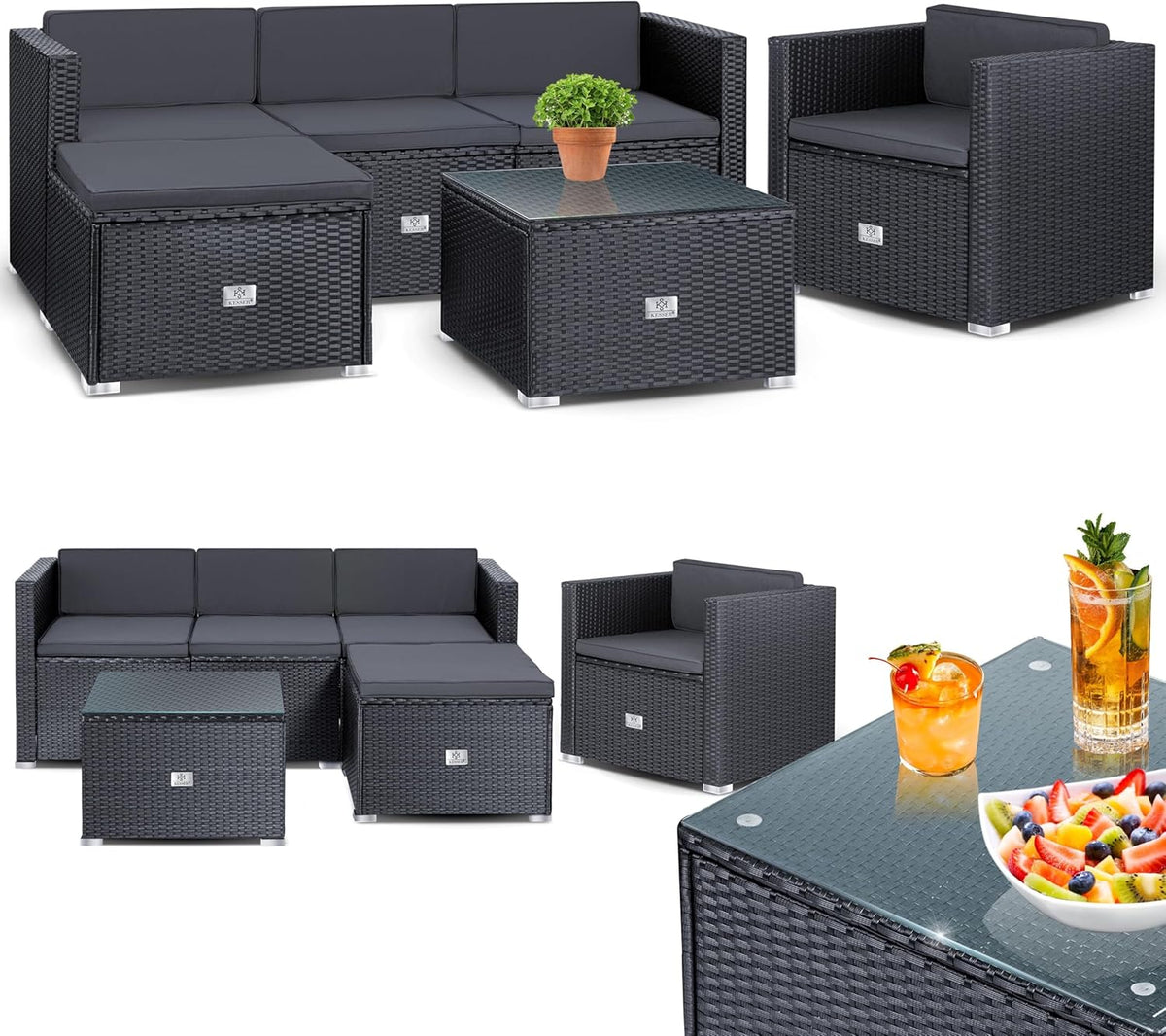 KESSER Polyrattan Gartenlounge Aruba - Für 4 bis 5 Personen - 3er Sofa Sessel Hocker Beistelltisch - Anthrazit für Garten Terrasse Balkon
