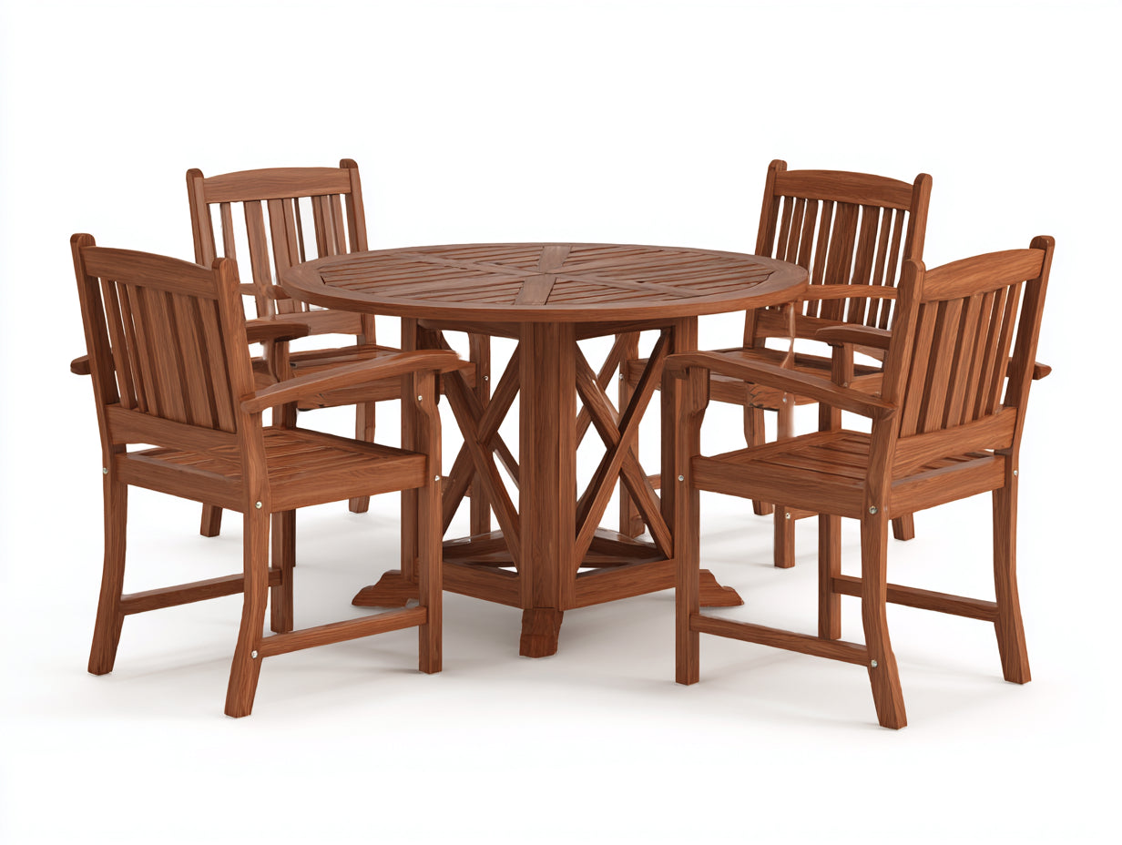 Garten Essgarnituren Set 5-teilig Holz 120x120x75 cm - Naturbraun - runder Gartentisch mit 4 Armlehnstühlen