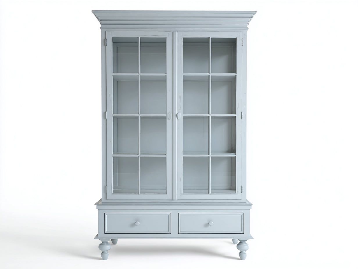 Vitrine aus Holz und Glas 115 x 45 x 195 cm - Hellgrau - 2 Glastüren und 2 Schubladen im klassischen Landhausstil