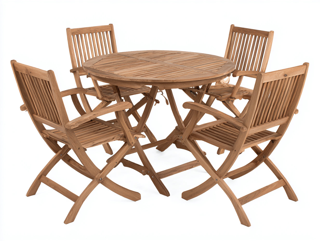 Garten Essgarnituren aus Holz - Rundtisch 110 x 110 x 75 cm mit 4 Klappstühlen - Naturbraun - Klappbares Lattendesign für Garten und Terrasse