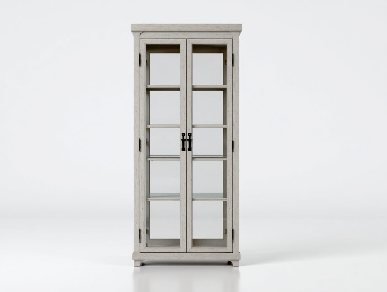 Vitrinen aus Holzwerkstoff mit 2 Glastüren und 4 Einlegeböden - 82 x 40 x 190 cm - Antikweiß - Schmales Landhausdesign mit schwarzen Metallgriffen