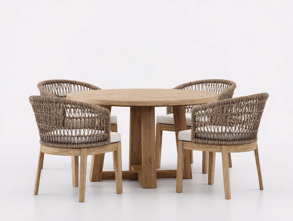 Garten Essgarnitur 5-teilig aus Holz und Seilgeflecht 120 x 120 x 75 cm - Naturholz und Braun - Runder Gartentisch mit 4 Armlehnstühlen für Garten und Terrasse